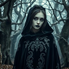 woman in red dress in the woods