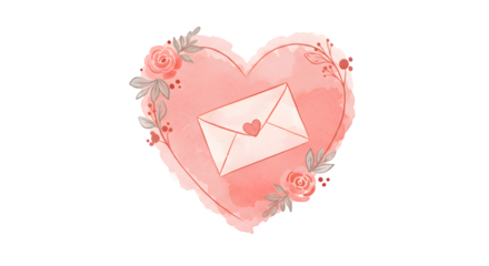 Romantic watercolor heart showcases a love letter envelope with floral accents, ideal for Valentines Day greetings, invitations, or expressing affection with artistic flair.