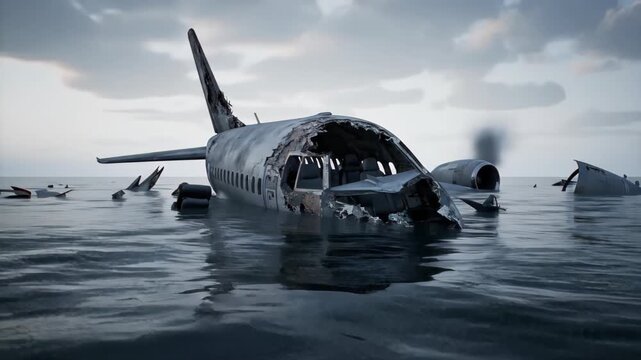 A Destroyed Passenger Plane Submerged in the Ocean, with the Tail and Wings Visible Above the Water, Creating a Somber and Dramatic Scene.