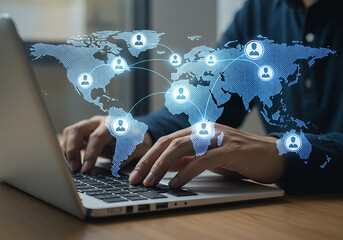 Global network of people connected across the world map