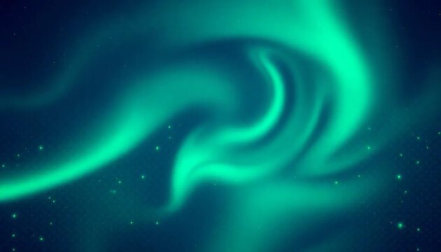 A vibrant green aurora borealis swirls across a dark night sky dotted with faint stars - Powered by Adobe