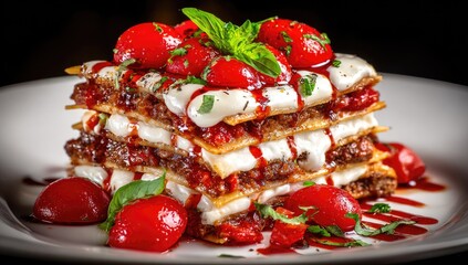 Layers of meat lasagna topped with sauce and garnishes.