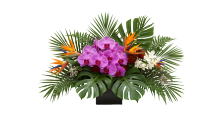 A lush floral arrangement with vibrant orchids and birds of paradise evokes a sense of tropical elegance and natural beauty perfect for special occasions or decorative design.