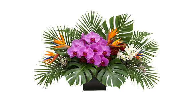 A lush floral arrangement with vibrant orchids and birds of paradise evokes a sense of tropical elegance and natural beauty perfect for special occasions or decorative design.