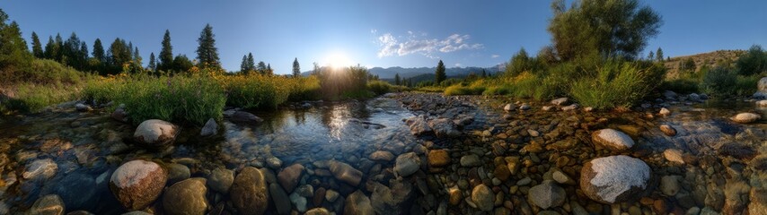 Panoramic 360 degrees hdr view of scenic river landscape in nature hdri detailed environment