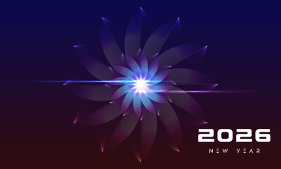 design typography of happy new year 2026 with shining and sparkling flower, isolated in dark mode, happy new year 2026 template design for cover, poster, calendar, greeting card, etc