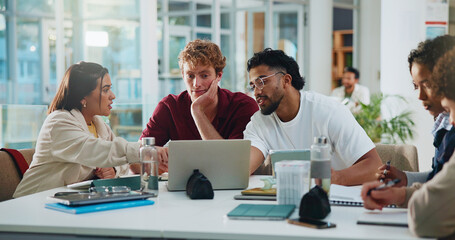 Students, university or study group with laptop on campus for course review, test tips or...