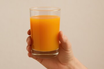 Refreshing Orange Juice in Hand Soft Neutral Background Beverage Photography Minimalist Setting Close-Up Perspective