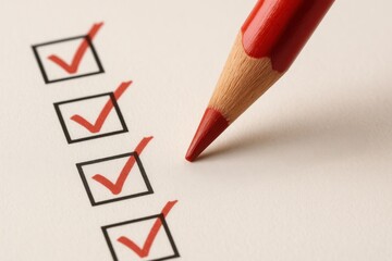 Detailed Closeup of a Red Pencil Marking Checked Boxes on a Checklist Office Desk Stationery Professional Environment