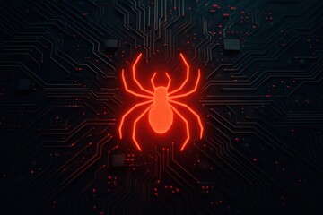 Cybersecurity Alert Digital Circuit Board with Red Spider Symbol Virtual Environment Graphic Design High-Tech Viewpoint