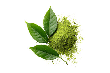 Green matcha powder and fresh tea leaves isolated on transparent background