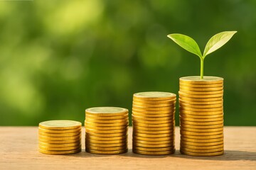 Ecoinvestment Growth Rows of Stacked Gold Coins with Plant Nature Background Financial Concept Macro View