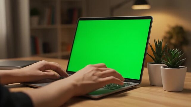 Person typing on a laptop with a green screen in a home office