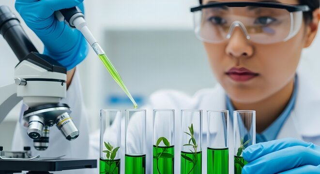 Scientific research on plant biotechnology and genetic engineering involves a scientist in a lab using a pipette to drop liquid into test tubes containing plant samples