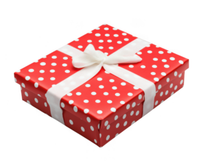 Festive red polka dot gift box tied with a white ribbon bow isolated on transparent background
