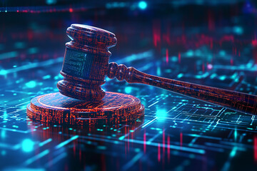 Judges gavel hovers in a high-tech, virtual space, symbolizing the enforcement of cybersecurity laws and regulations within an abstract technological environment