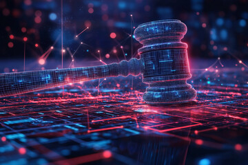 Judges gavel hovers in a high-tech, virtual space, symbolizing the enforcement of cybersecurity laws and regulations within an abstract technological environment