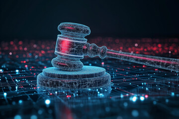 Representing cybersecurity law enforcement, the digital gavel is a symbol within a high-tech virtual space