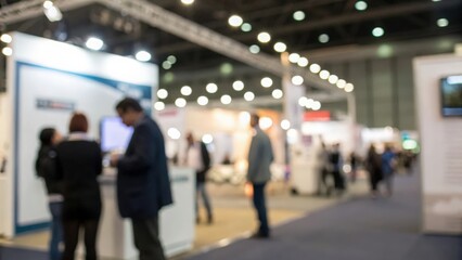 Conference booth lights glowing through people blur — industry exposure and exchange
