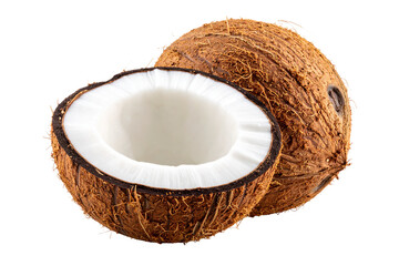 Split Coconut with Water Droplets on Shell, Isolated on Transparent Background