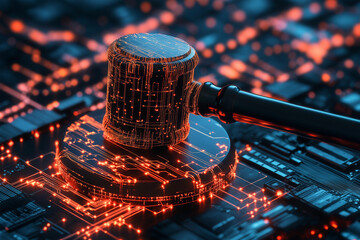 A digital gavel surrounded by glowing circuits, symbolizing the intersection of law and technology in a modern, high-tech judicial environment