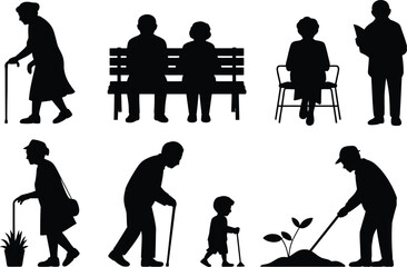 Silhouettes of Elderly People and a Child in Various Activities