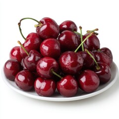 A pile of fresh dark red cherries isolated on white background