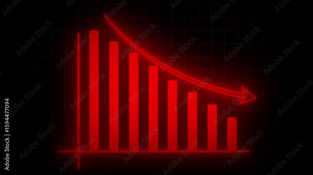 Poster animated red neon graph showing downward spiral for economics stock market loss crisis themes. red n