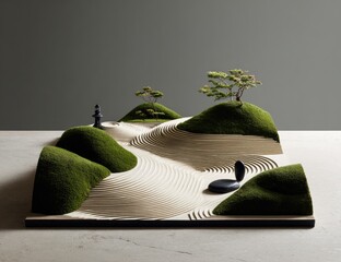 Miniature landscape design with meticulously crafted hills and streams.