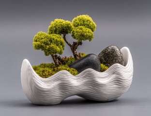 Miniature landscape in a decorative white planter.