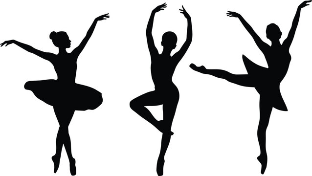 Black silhouettes of three ballet dancers in various poses on white background