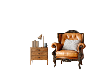 leather armchair and wooden nightstand isolated on transparent background