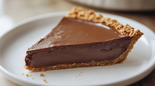 A slice of rich chocolate tart with a crumbly crust served on a white plate