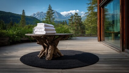 Rustic wooden table with white towels on a patio overlooking a mountain range.