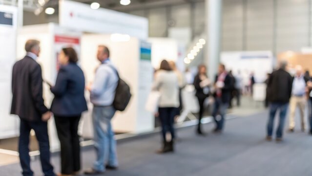 Blurred group standing near exhibition booths — business expo networking mood
