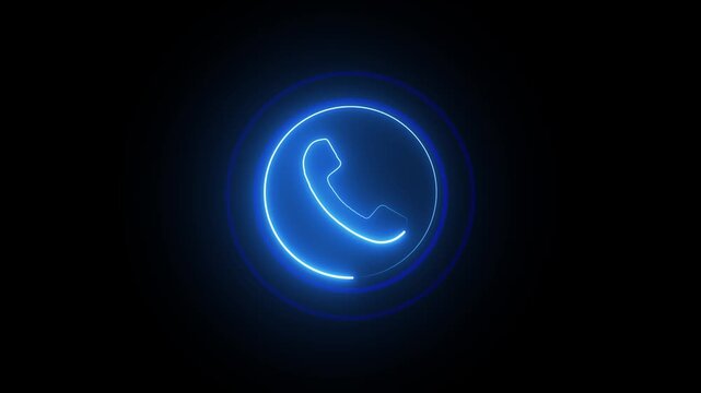 Glowing neon calling icon with neon circle. Incoming telephone call icon animation on black background.