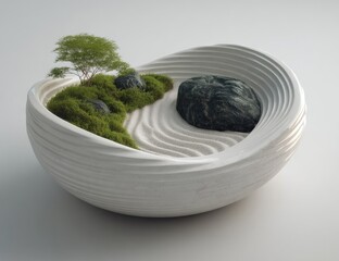 White ceramic bowl with a miniature zen garden.
