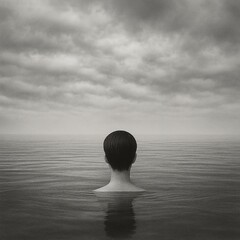 A poetic black and white artwork showing a solitary figure immersed in water, facing the infinite...