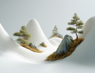 A serene, minimalist landscape with sculpted hills.