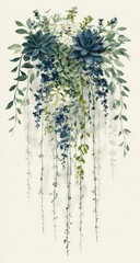 Delicate arrangement of hanging greenery and blossoms in muted blues and greens.