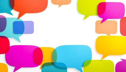 Abstract colorful speech bubbles overlapping on white background, conveying communication and dialogue, modern, overlapping shapes