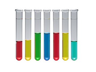 Row of colorful chemical liquids in glass test tubes for scientific research isolated on black background.
