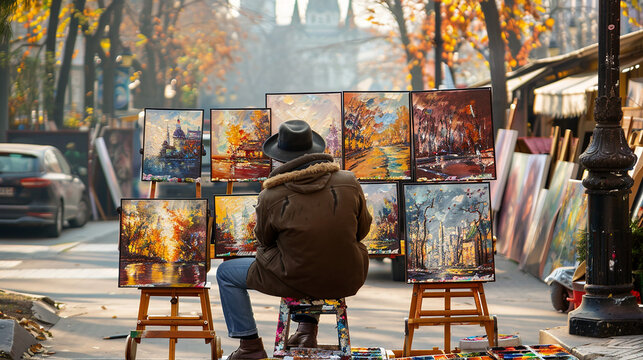 Artist showcasing stunning paintings outdoors in a vibrant city scene
