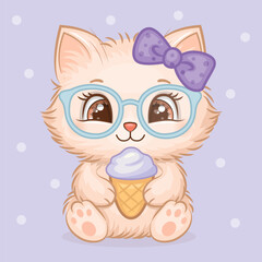 Cute Fluffy Cartoon Cat with Glasses and Ice cream. Vector illustration of the animal on a lilac background with dots.