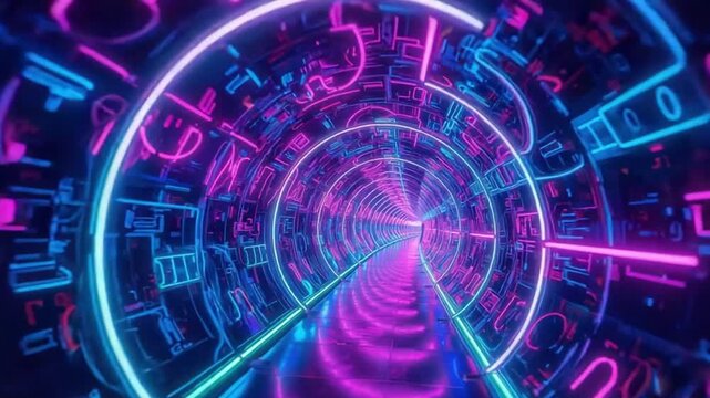 Neon Sci-Fi Tunnel Animation with Futuristic Symbols