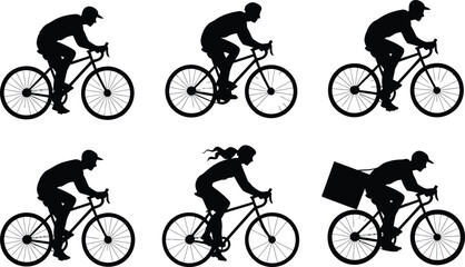 Obraz premium Silhouettes of Cyclists Riding Bicycles in Black and White on White Background
