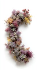 Colorful succulent wreath arrangement against a white background.