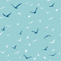 Flock of flying silhouette birds. Birds seamless pattern. White seagulls on a blue background. Vector