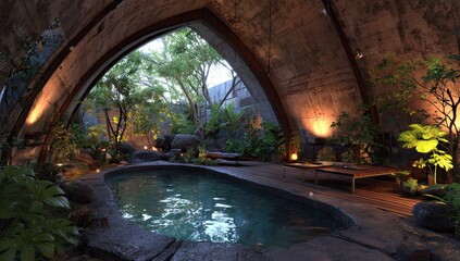 A tranquil spa pool nestled within a concrete-arch enclosure.