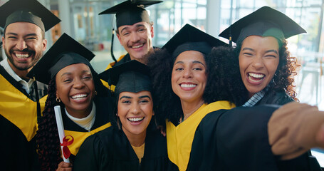 Woman, selfie and friends at college graduation with smile, portrait and diploma for education...